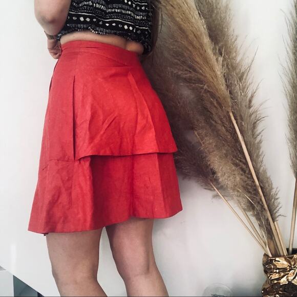ANTHROPOLOGIE Red Pink Ruffle Tiered Silk Linen Wrap Mini Knee Length Skirt 0 - Picture 3 of 8